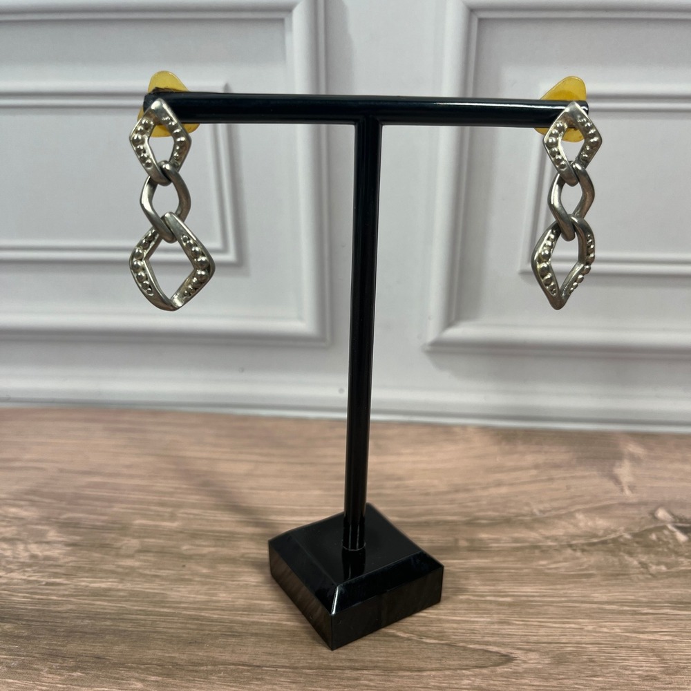 VTG LCI Liz Claiborne Link Drop Earrings Silver Geometric Textured Triple Link